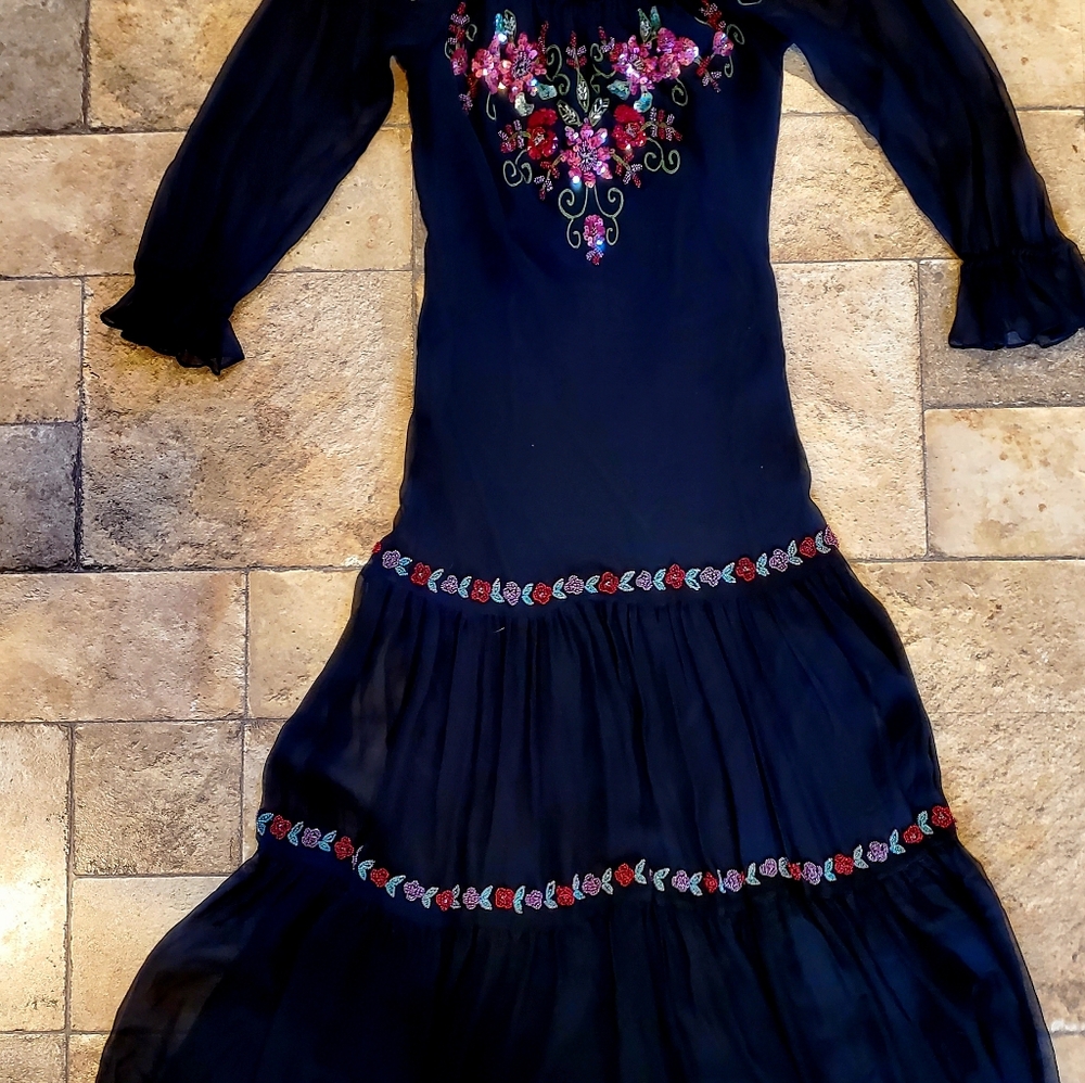 SUE WONG 100% SILK BLACK BEADED/SEQUIN SHEER 3/4 SLEEVE PEASANT DRESS MIDI SZ 10